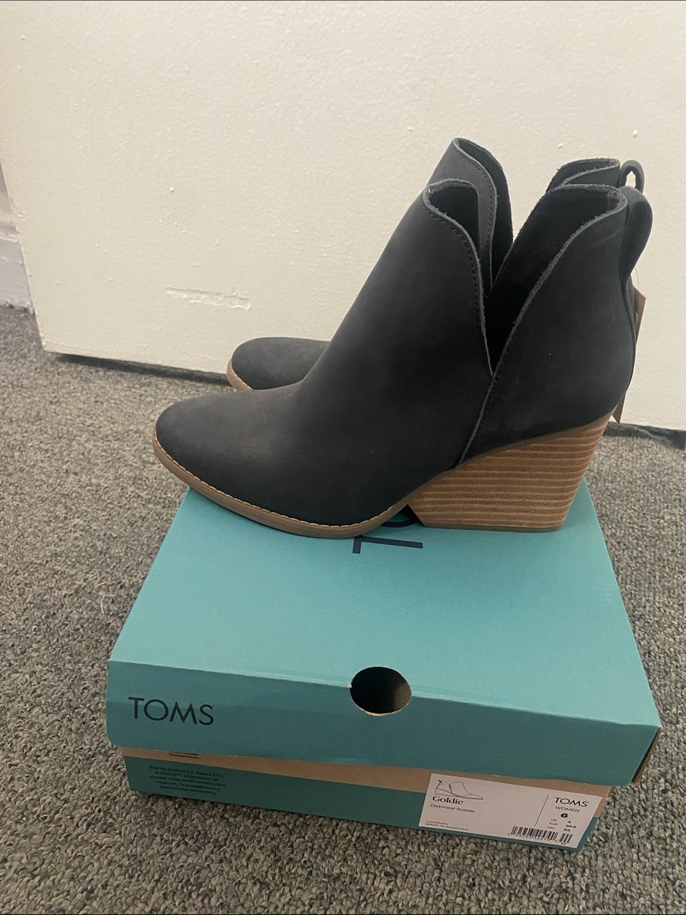 TOMS Black Suede V-Cut Ankle Booties with Stacked Heel